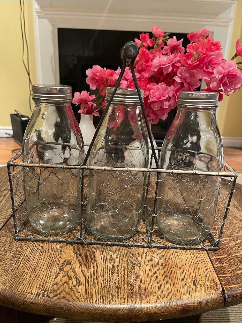 Farmhouse Glass Bottle Trio with Wire Carrier - Rustic Home Accent